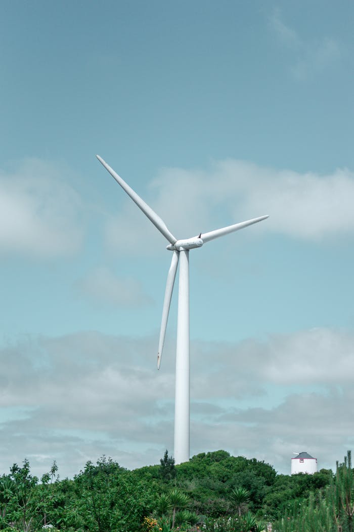 Majestic wind turbine in lush greenery with clear blue sky in the background.